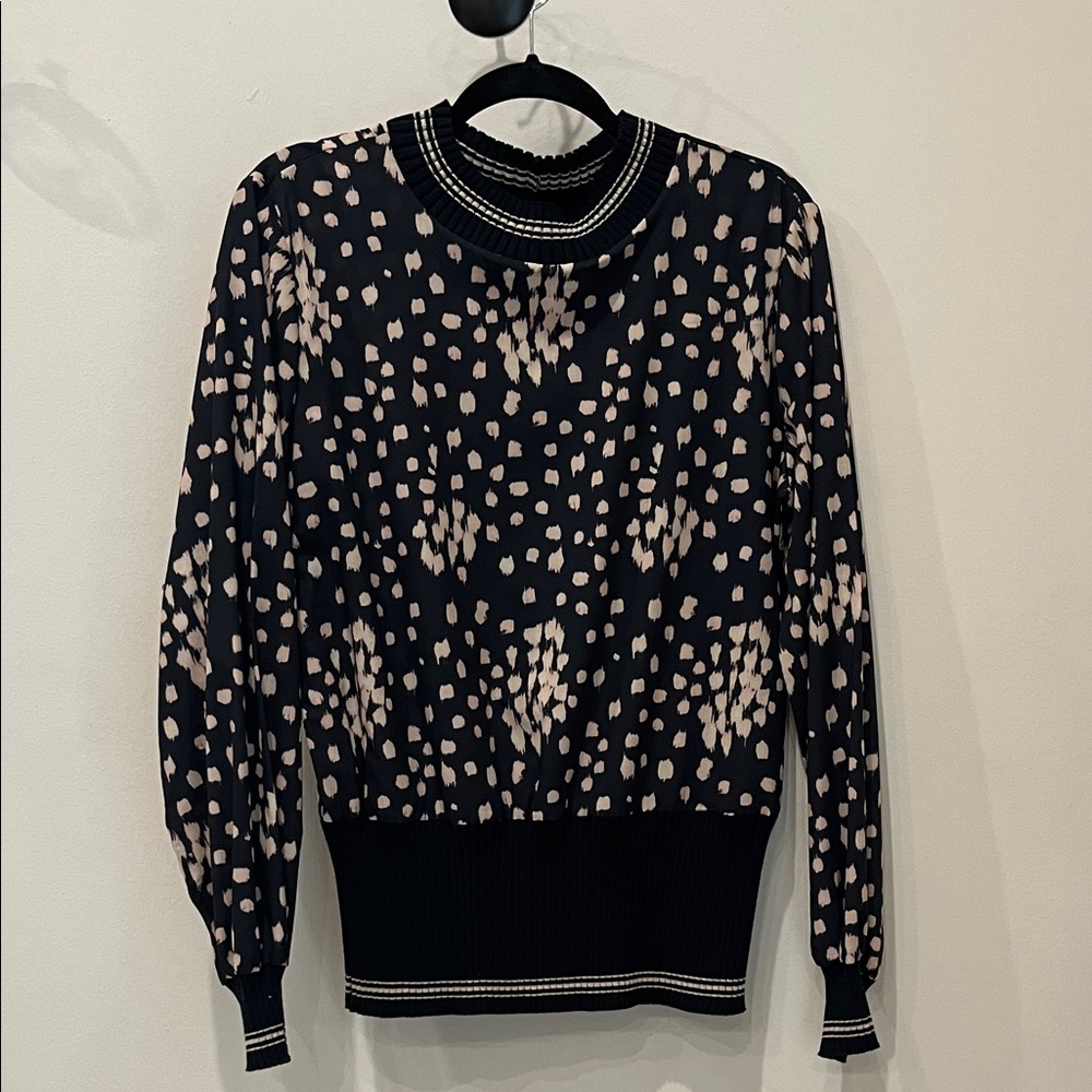 French Connection Black and Cream Mixed Fabric Sweater Top